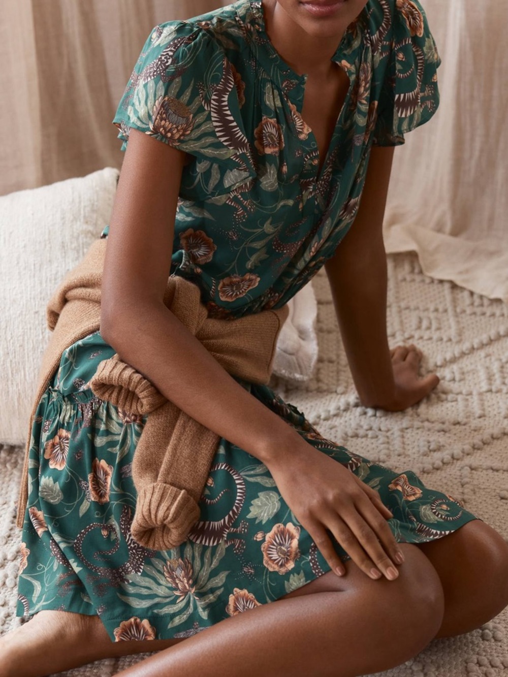 By Anthropologie Victoria Garcia Floral Flutter-Sleeve Tiered Mini Night Dress - Picture 2 of 15